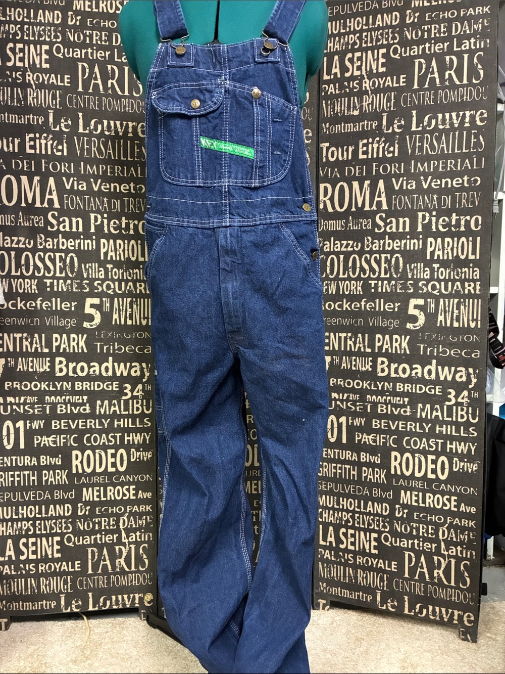 Classic Dark Blue Denim Overalls with Green Accent